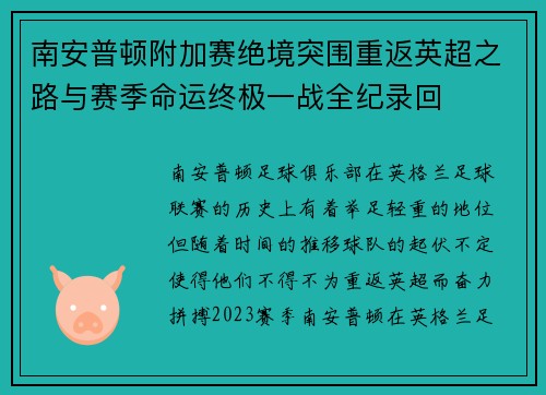 南安普顿附加赛绝境突围重返英超之路与赛季命运终极一战全纪录回